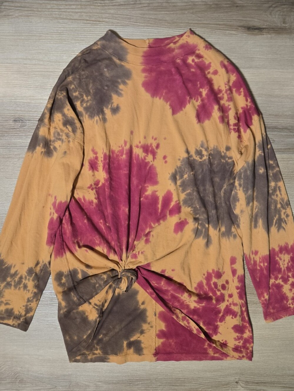 Women's Tie-Dye Long Sleeve Knot Front Top - Mustard, Magenta, Brown